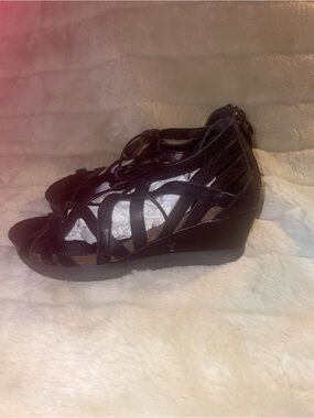 Ladies Black Lace-Up Wedge Gladiator Sandals